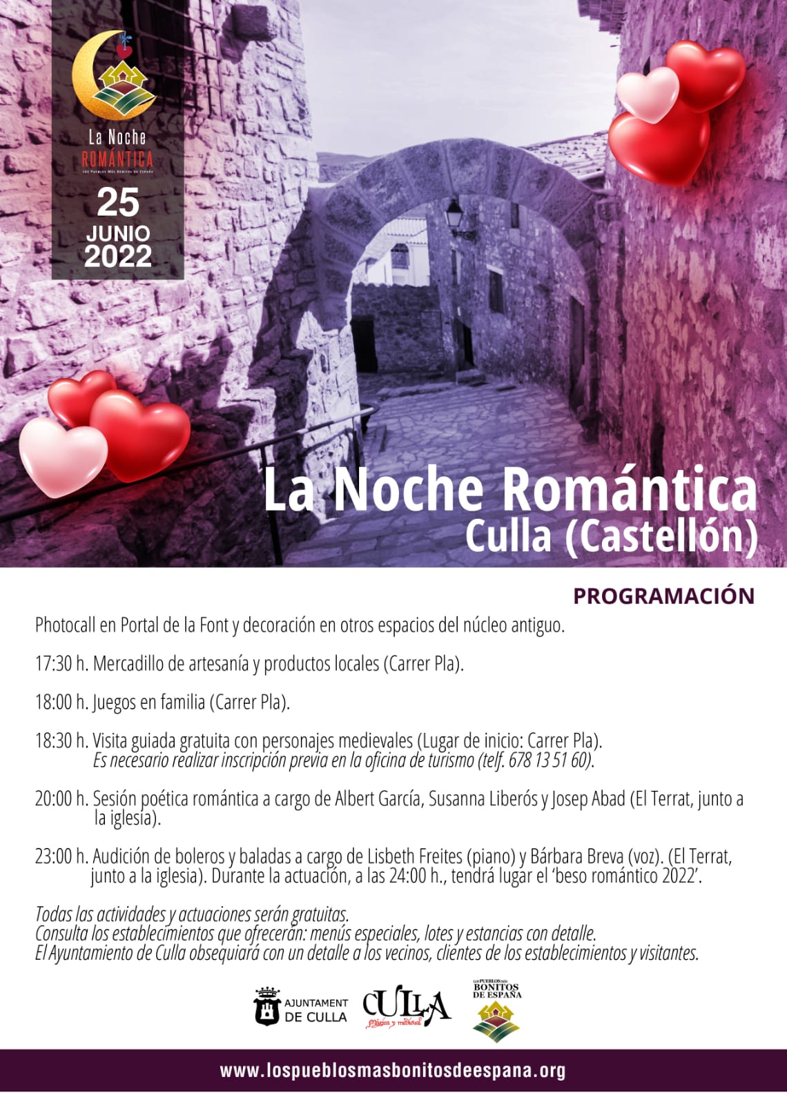 cartel la noche romantica culla (castellon) con su programa para el 25 de junio de 2022