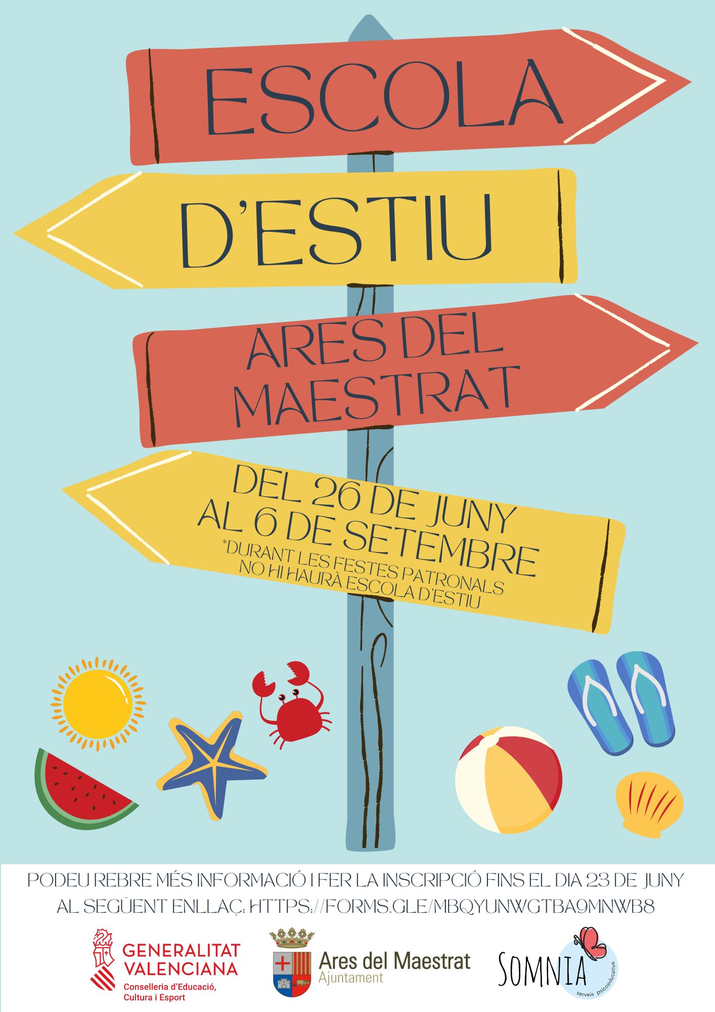 cartell informatiu de les inscripcions d'estiu a Culla, Castellon del 26 de juny al 6 setembre